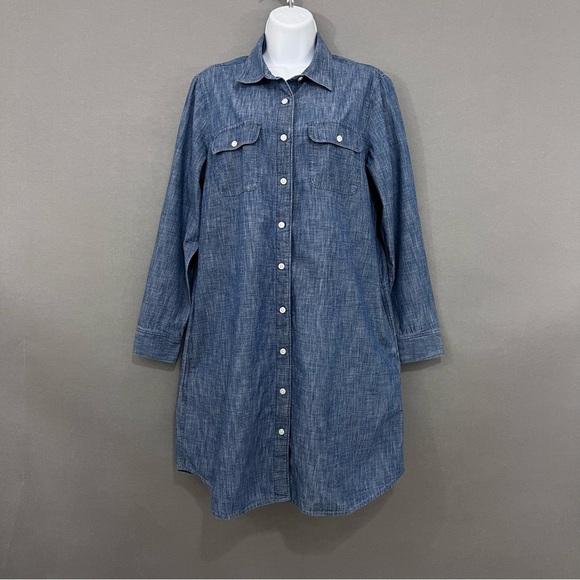 Lands End Blue Denim Button Front Long Sleeve Shirt Dress - Picture 1 of 11
